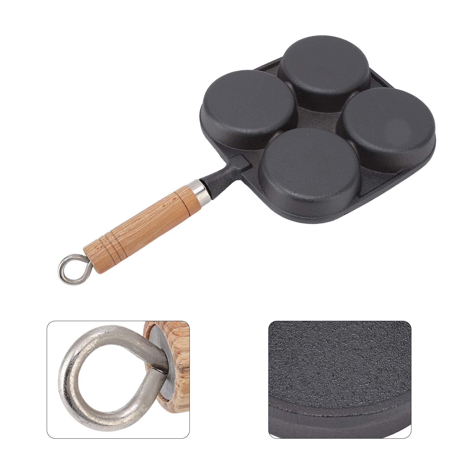 Sartén para huevos, hierro fundido duradero con de madera, sartén antiadherente 4 tazas para desayuno familiares, cocinas domésticas y camping