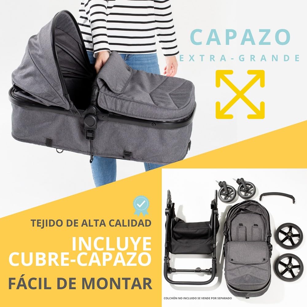 Carrito Bebé 2 en 1 Interbaby VERSA | Cochecito Bebé desde Nacimiento hasta 22 kg | Capazo Extra Grande + Silla de Paseo Reversible | Suspensión 4 Ruedas, Plegado Rápido | Carrito Recién Nacido Negro