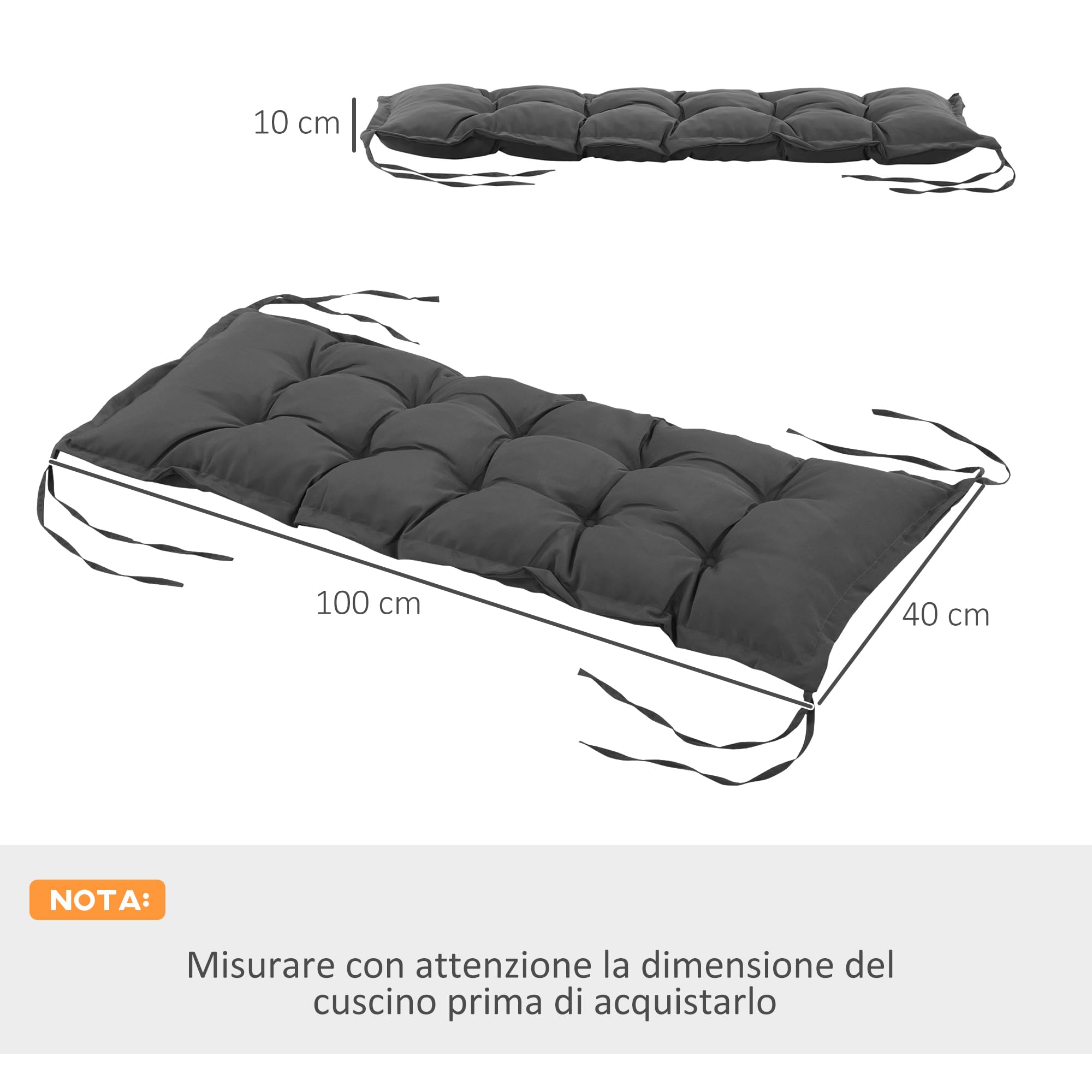 Outsunny Cuscino per Panchina da Giardino con Laccetti e Imbottitura Spessa, 100x40cm, Grigio Scuro
