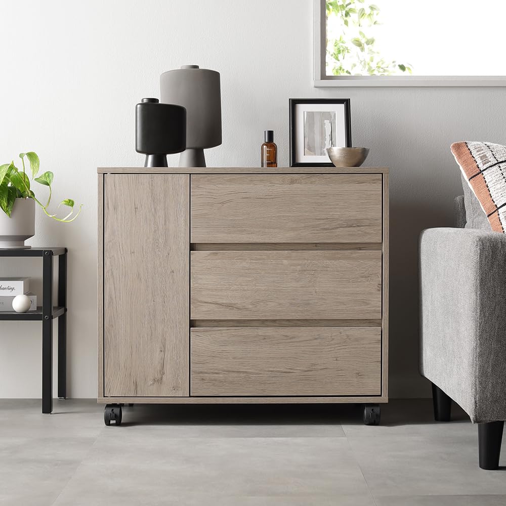 Amazon｜RASIK チェスト 扉付き キャスター付き 引き出し 3段 棚 約幅