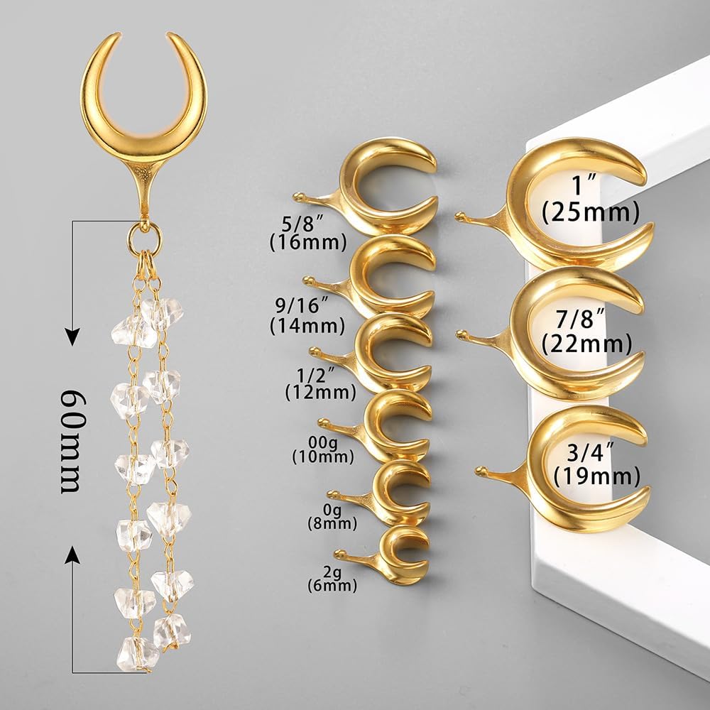 1 Pair saddle gauges crystals chain Dangle earrings Ear Tunnels Plugs 316 Stainless Steel Ear Weight Plugs Hypoallergenic expander Piercing Body Jewelry