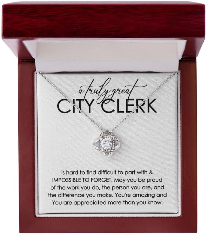City Clerk Necklace Silver Plated Love Knot Mahogany - Hard To Find Difficult To - Appreciation Retirement Coworker Workplace Thank You