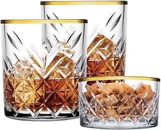 Pasabahce 96818 Timeless Golden Touch 3-teiliges Set | 2 Whiskygläser & 1 Schale | Kristall-Design im Retro Look | Elegant, robust & langlebig | ideal für Whisky, Snacks & Desserts