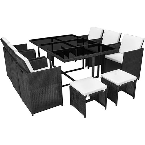 11 Piece Outdoor Dining Set with Cushions Poly Rattan Black