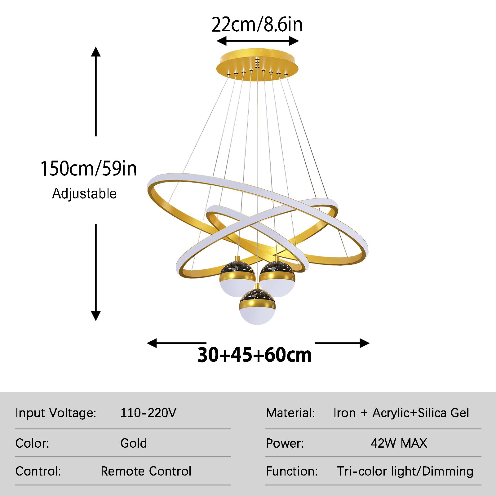 Żyrandole LED, lampa sufitowa, 3 złote lampy na wyspie kuchennej z pilotem zdalnego sterowania, lampa wisząca, 30 + 40 + 60 cm, nowoczesne lampy sufitowe z możliwością przyciemniania pamięci
