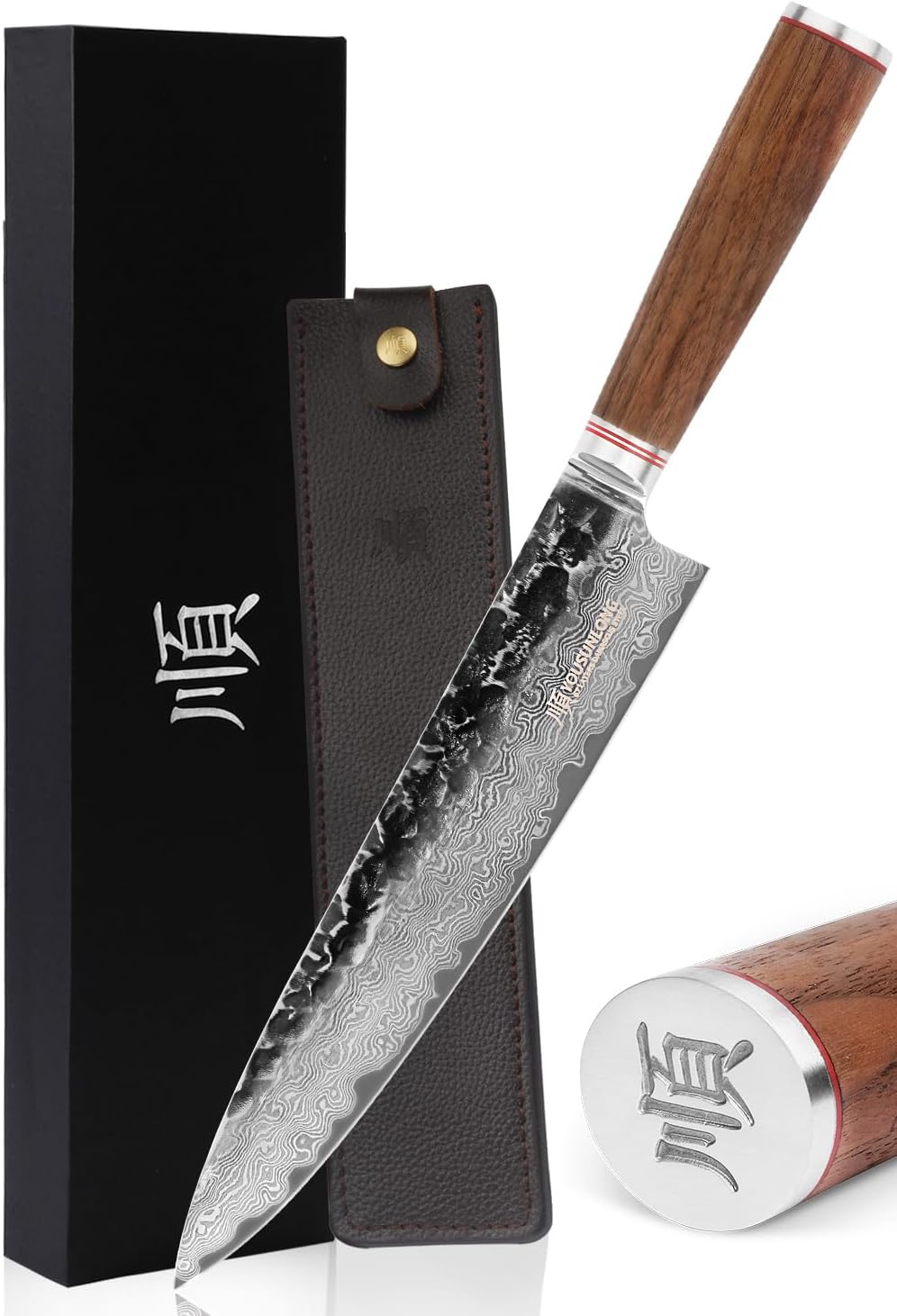YOUSUNLONG Chef Knife Damascus Knife 10 inch Pro Gyuto Japanese Hammered Damascus Steel Kitchen Knives Natural Walnut Wooden Handle with Leather Sheath