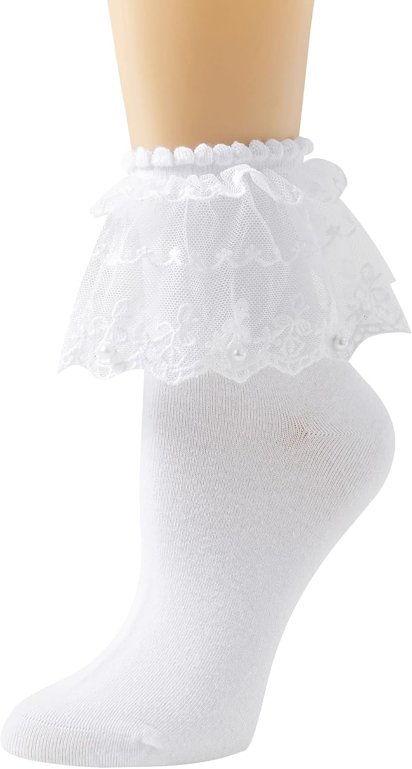 SEMOHOLLI Women Ankle Socks, Pearl Lace Ruffle Frilly Comfortable No-Show Cotton Princess Socks