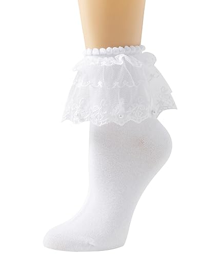 SEMOHOLLI Women Ankle Socks, Pearl Lace Ruffle Frilly Comfortable No-Show Cotton Princess Socks - 5-8 - 1 Pairs-white