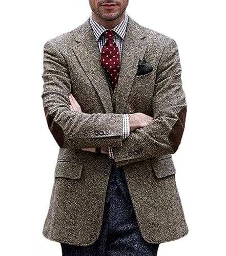 VENNYNG Mens Suit Jacket Two Buttons Vintage Short Trench Coat Blazer with Brown Elbow Patches