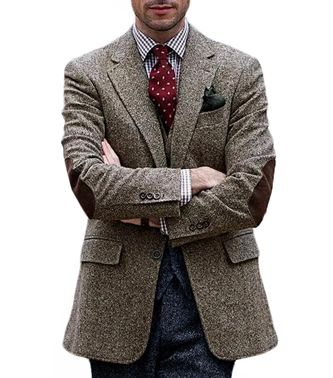 VENNYNG Mens Suit Jacket Single Breasted Vintage Short Trench Coat Blazer with Brown Elbow Patches