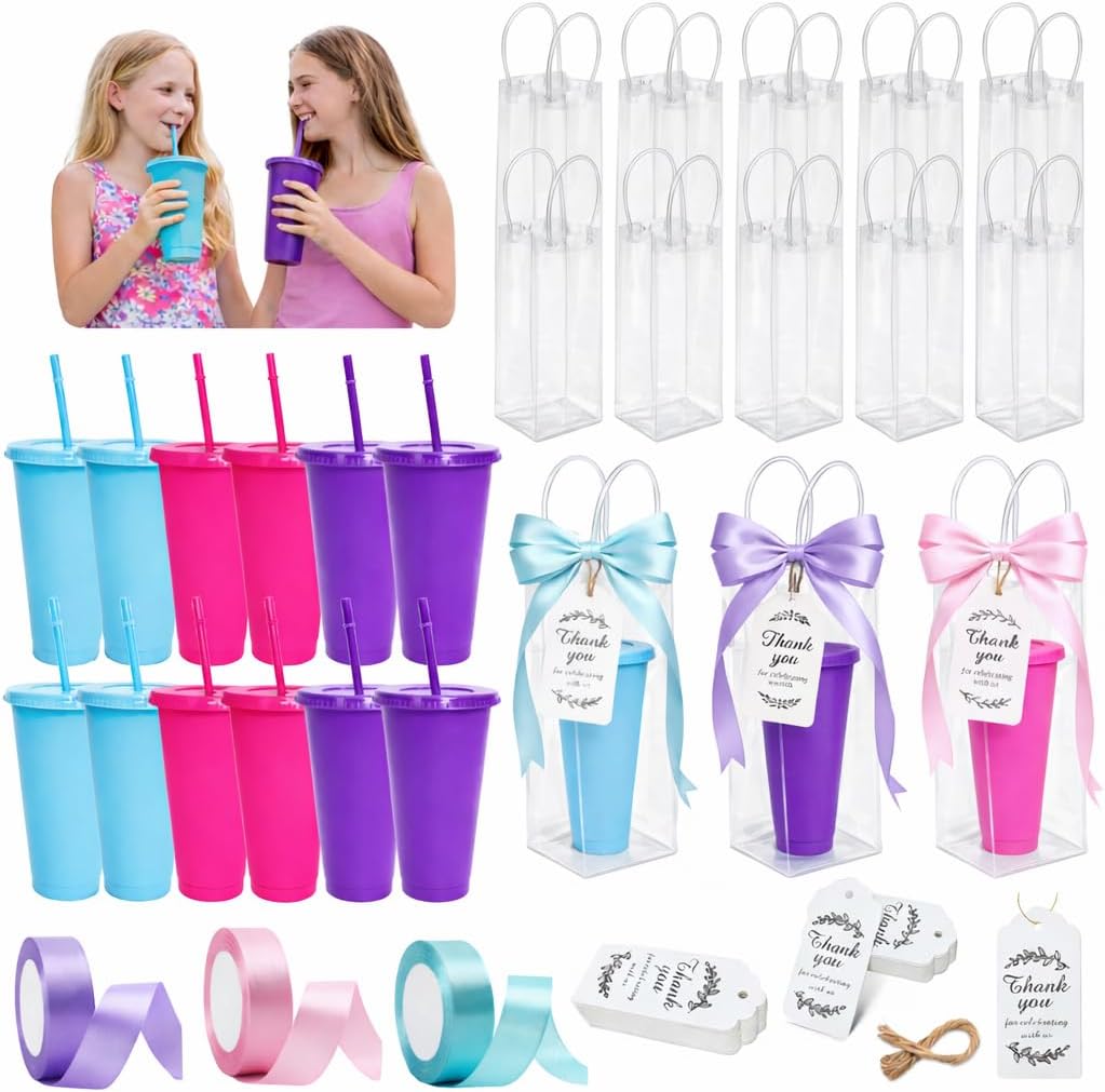 Yebo 12 Set Kpop Theme Birthday Party Favor Cups, 24oz Reusable Plastic Tumblers with Lids and Straws, Gift Bags, Thank You Cards and Ribbons, Purple Party Decorations