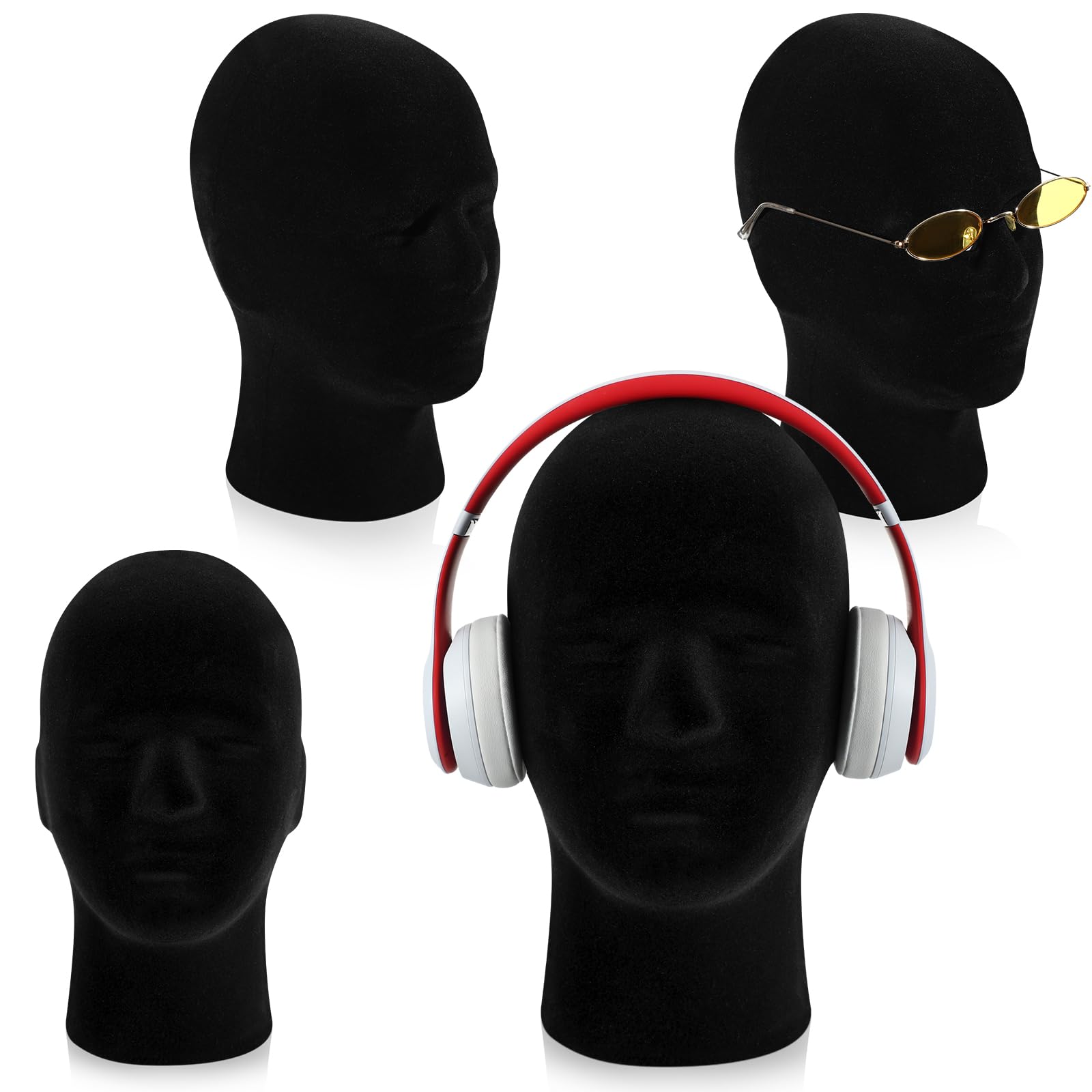 Barydat 4 Pcs Black Mannequin Head Stand Model Male Wigs Display Model Velvet Foam Mask Display Stand Headsets Mount Manikin Head or Wig Hat Glasses