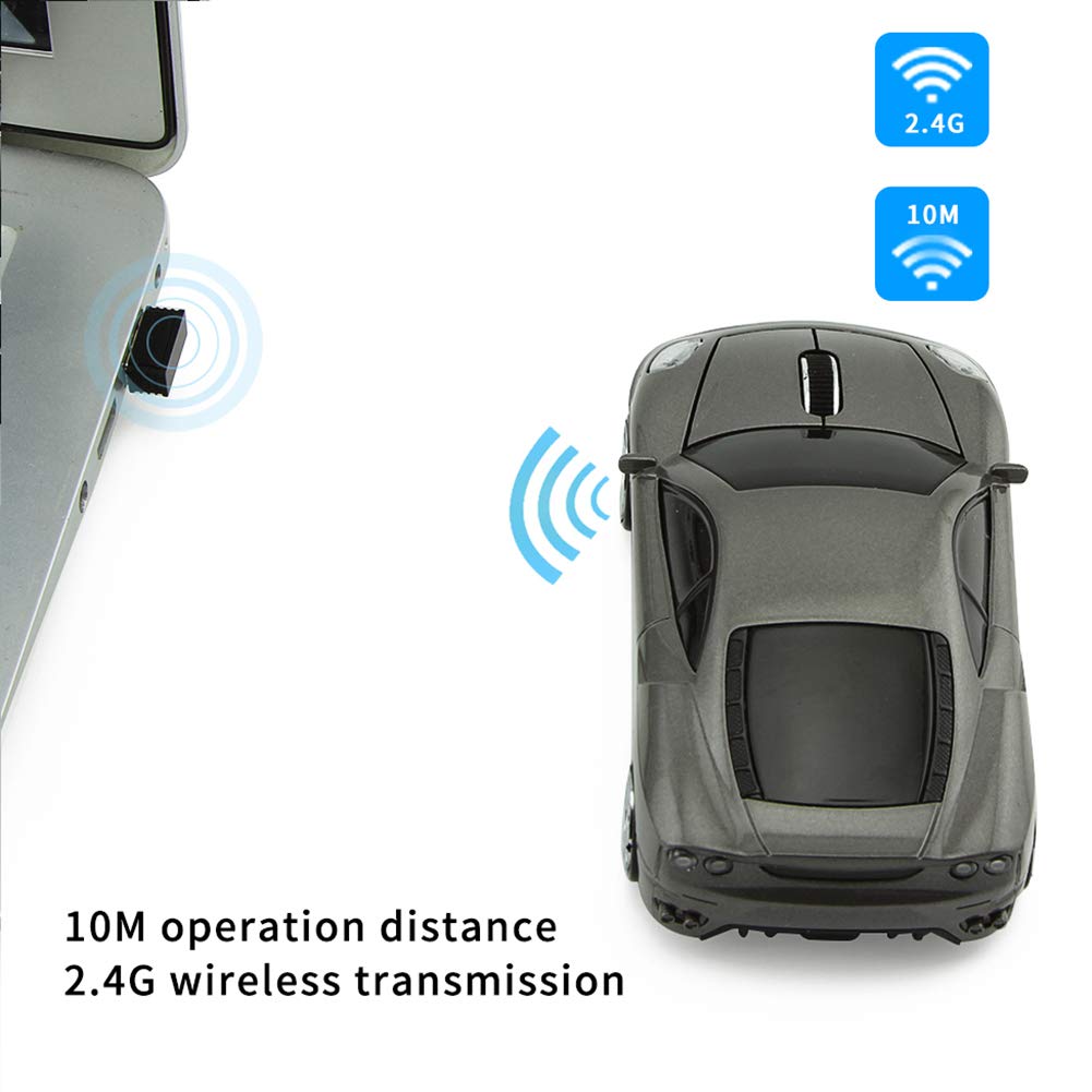 FIRSTMEMORY - Ratón óptico inalámbrico para coche, 2,4 G, con forma de coche de carreras, 1600 DPI, para computadora, PC, portátil, escritorio (gris)