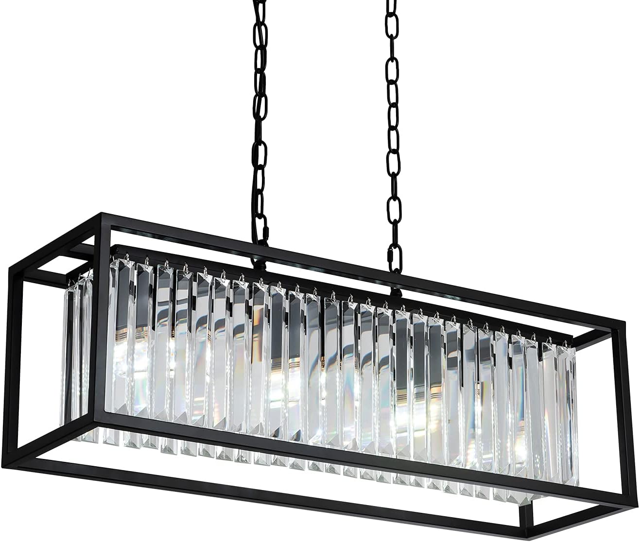 Flash Sale Modern Crystal Rectangular Island Light, Black 3-Lights Chandelier K9 Crystal Retangular Island Light for Kitchen Dining Room Living Room, Black
