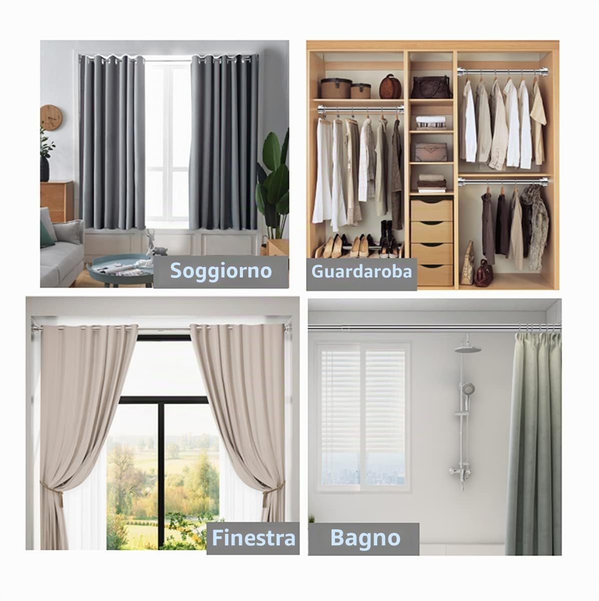 Asta telescopica per tenda da doccia, estensibile, in acciaio INOX., Acciaio inossidabile, Silver, 105-170cm