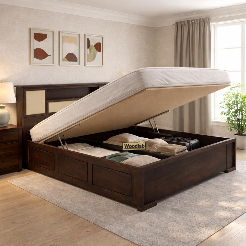 WOODLAB Solid Sheesham Wood King Size Bed with Hydraulic and Headboard Storage | Wooden Double Bed Cot Palang Furniture for Bedroom Living Room Home and Hotel (Walnut Finish)-image-41