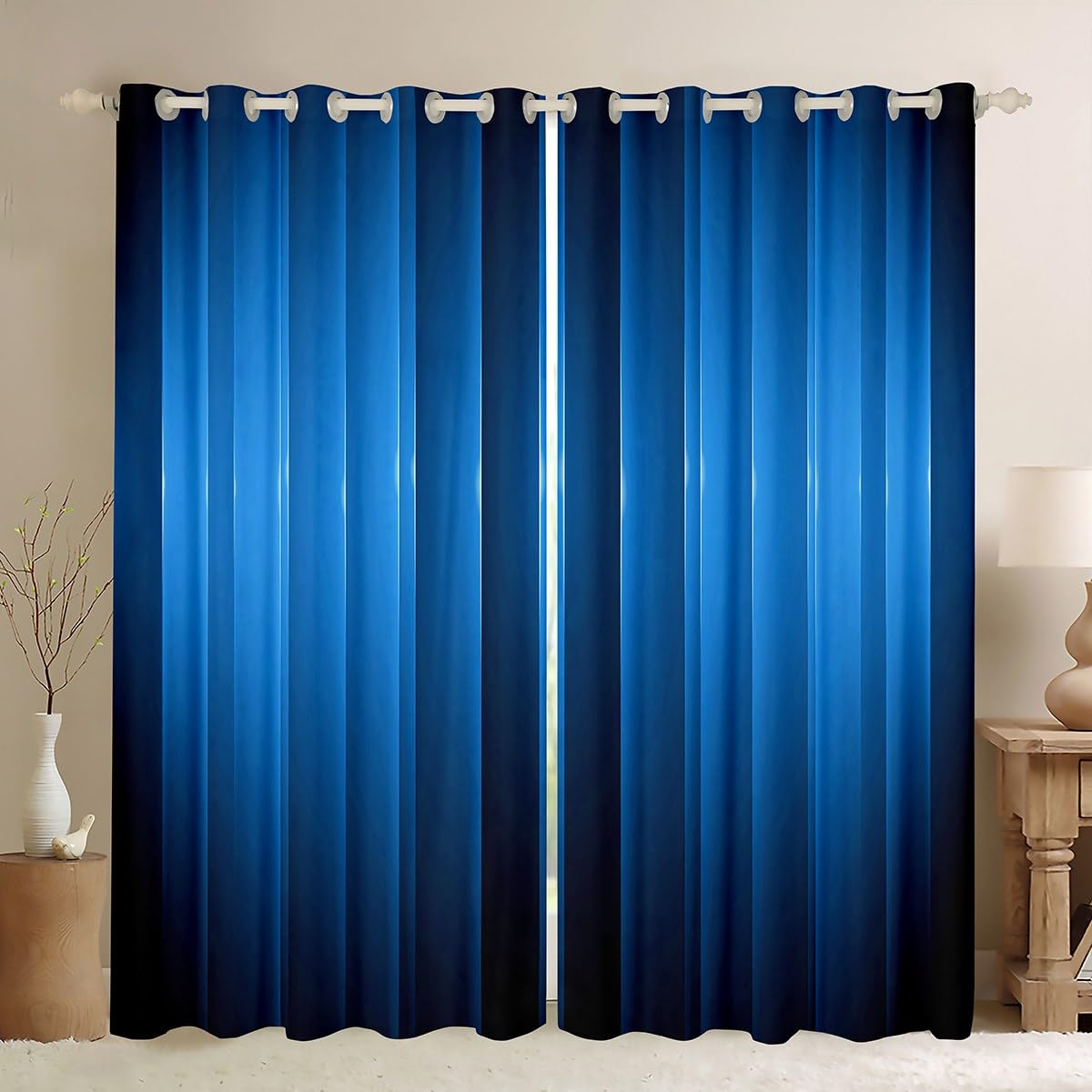 Feelyou Kids Geometric Ombre Striped Blackout Curtain (2 Panels, 42x84 Inch) Blue Black Abstract Curtain for Bedroom Boys Girls Modern Decor Darkening
