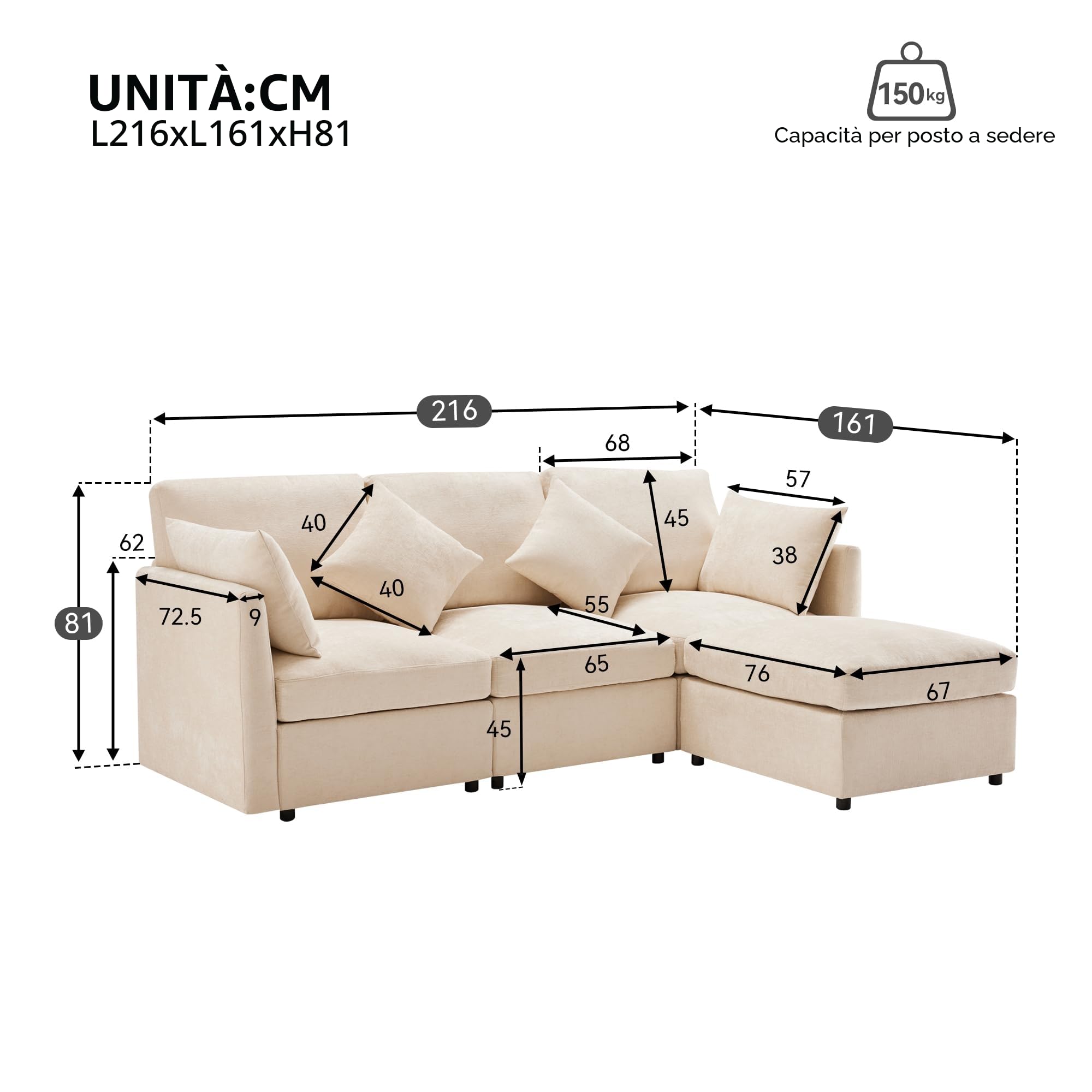 Divano a Tre Posti, Design Moderno in Ciniglia, Forma L Con Poggiapiedi, Adatto per Appartamenti (Beige)