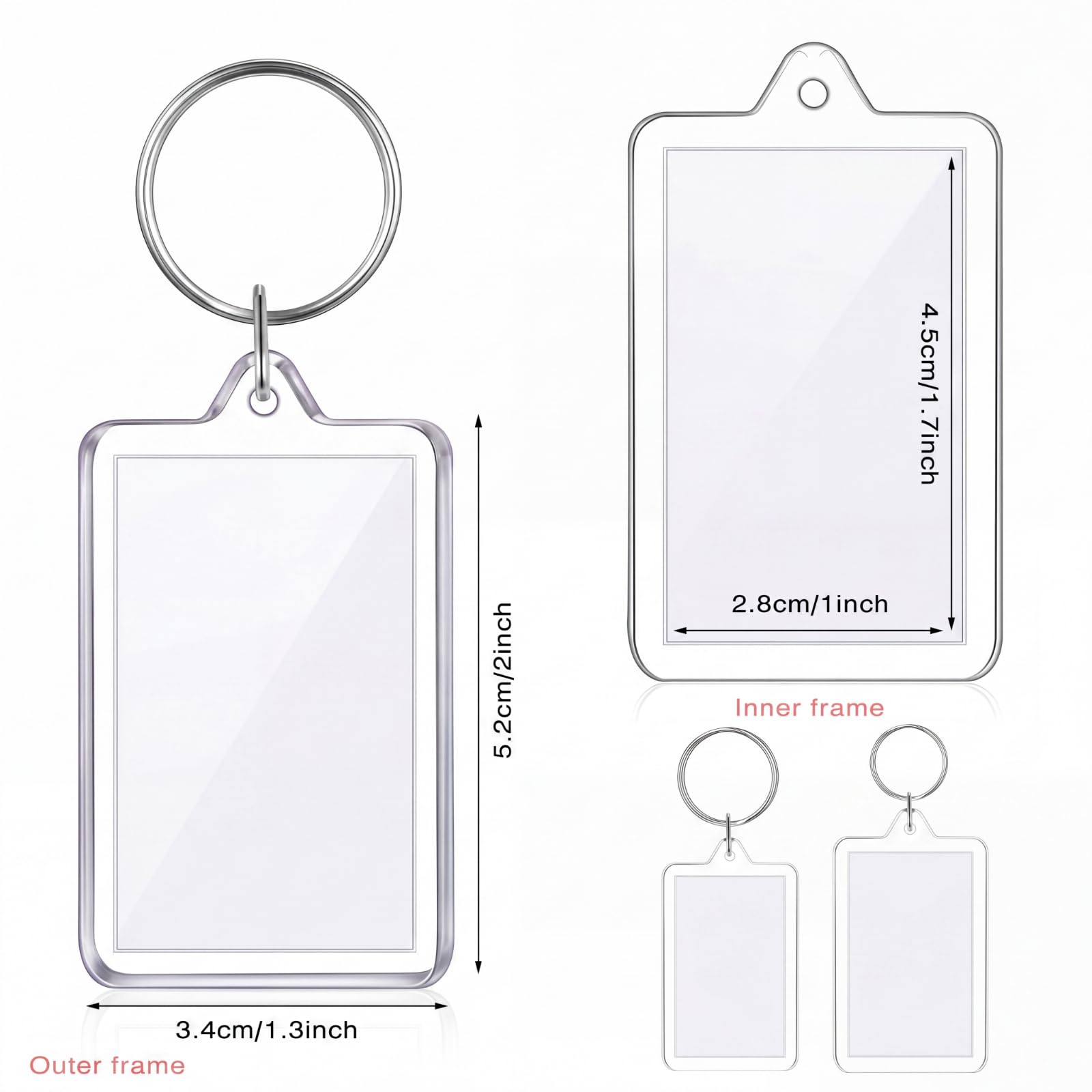 Yaomiao 200 Stück 3,3 x 5,1 cm Acryl-Bilderrahmen Schlüsselanhänger Halter Foto Bild Einsatz Blanko Schlüsselanhänger für DIY Handwerk, Transparent, 2 x 1.3 Inch