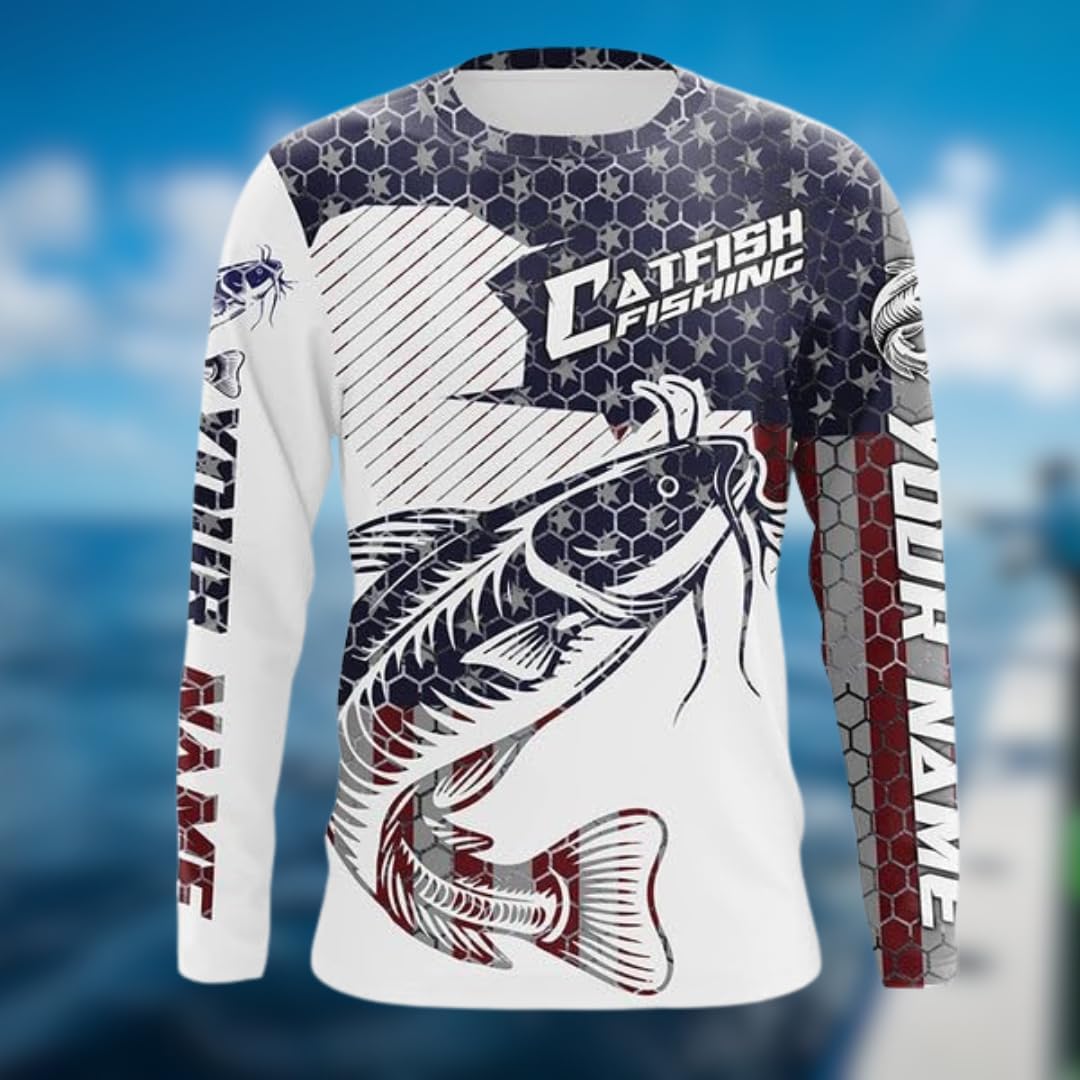 Personalized Catfish Fishing Long Sleeve Shirts, Men Catfish Fishing Jerseys, US Flag Catfishs Fish Shirt, Camo Catfish Hooded Long Sleeve Shirt, Fishermen Gifts for Husband Dad
