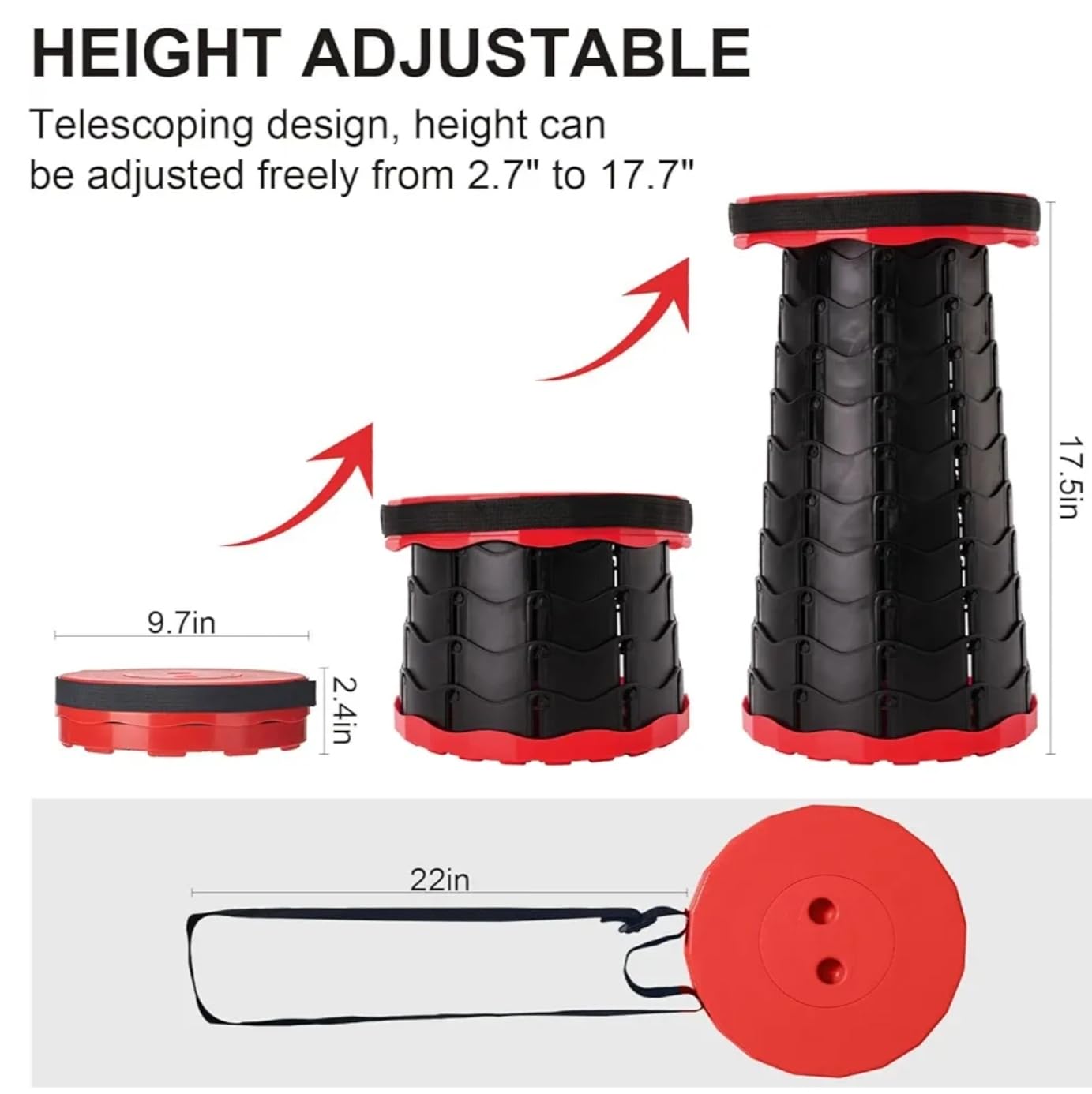 Retractable Folding Extension Stool, Portable Telescopic Camping Seat, Red