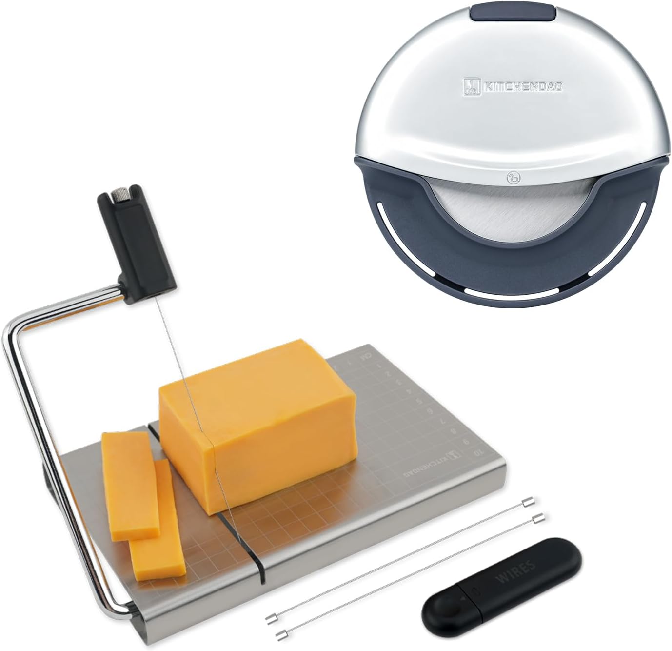 KITCHENDAO Replaceable Wire Cheese Slicer and Premium Heavy Duty Pizza Cutter Wheel