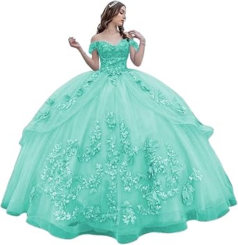 Mauuwy 3D Flowers Quinceanera Dresses Ball Gown with Bow | Off Shoulder Sweet 16 dress,Layered Tulle,Beaded Dress for Party and pageant , Vestidos De 15 Anos,Size 0-26W