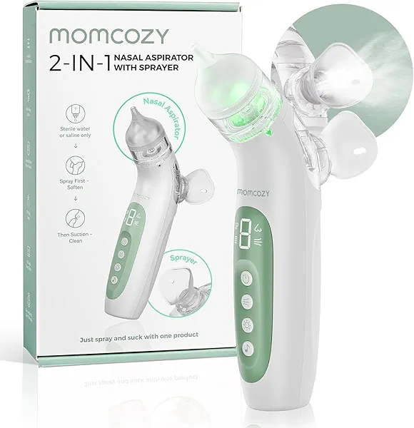 Momcozy BreezyClear™ 2-in-1 Electric Nasal Aspirator for Baby with Spray, 65kPa Hospital-Grade Suction, 4 Adjustable Levels, Quiet & Portable Nose Cleaner with Soothing Light & Music