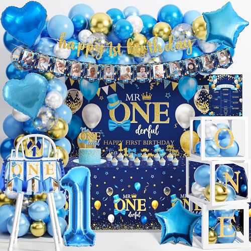 Baby Boy First Birthday Decorations Mr Onederful 1st Birthday Decorations for Boy Party Supplies with Crown Backdrop Balloon Arch Kit Blue High Chair Banner Tablecloth Photo Banner