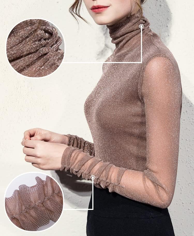 Women's Turtleneck Top Long Sleeve Slim Fit Shirts Mesh Sheer See Through Casual Top - Image 3