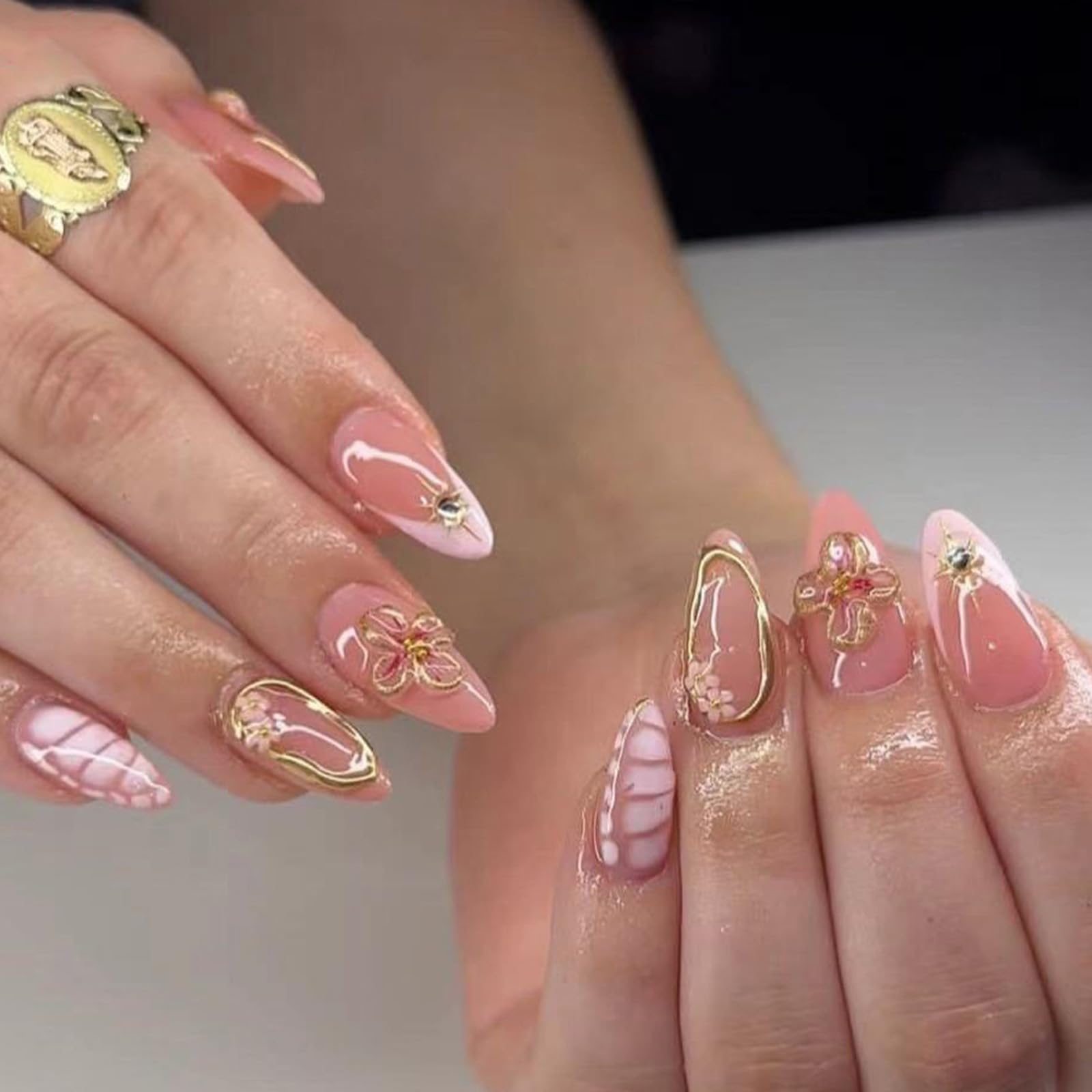 Nude Pink Press on Nails Short Almond Fake Nails 3D Flowers Acrylic Nails Spring Artificial Nails Press ons Gold Irregularity False Nails with