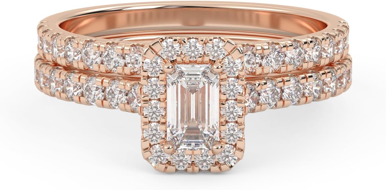 AFFY Half Eternity Halo Solitaire Bridal Set Ring for Women, 1.10 Carat (ctw) Emerald Cut Lab Grown Diamond Engagement Wedding Ring 925 Sterling Silver Or 10K Solid Gold F-G, VS-SI Quality