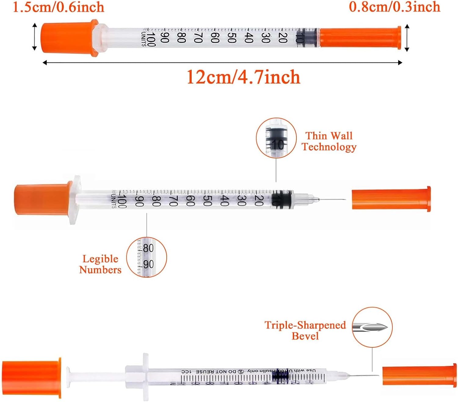 U-100 Syringes with Needle - 30G 5/16" (8mm) 1ml/cc Disposable Syringe, Individual Wrapped, 30PACK - Image 2