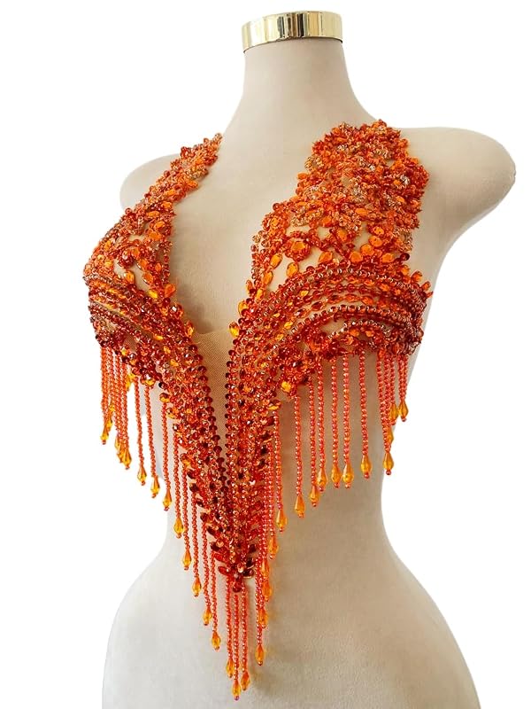 Handmade Long Beads Tassel Shiny Rhinestones Applique Dress DIY Accessories Luxury Decorative Patches (Orange) by Zbroh - Used condition - Image 2