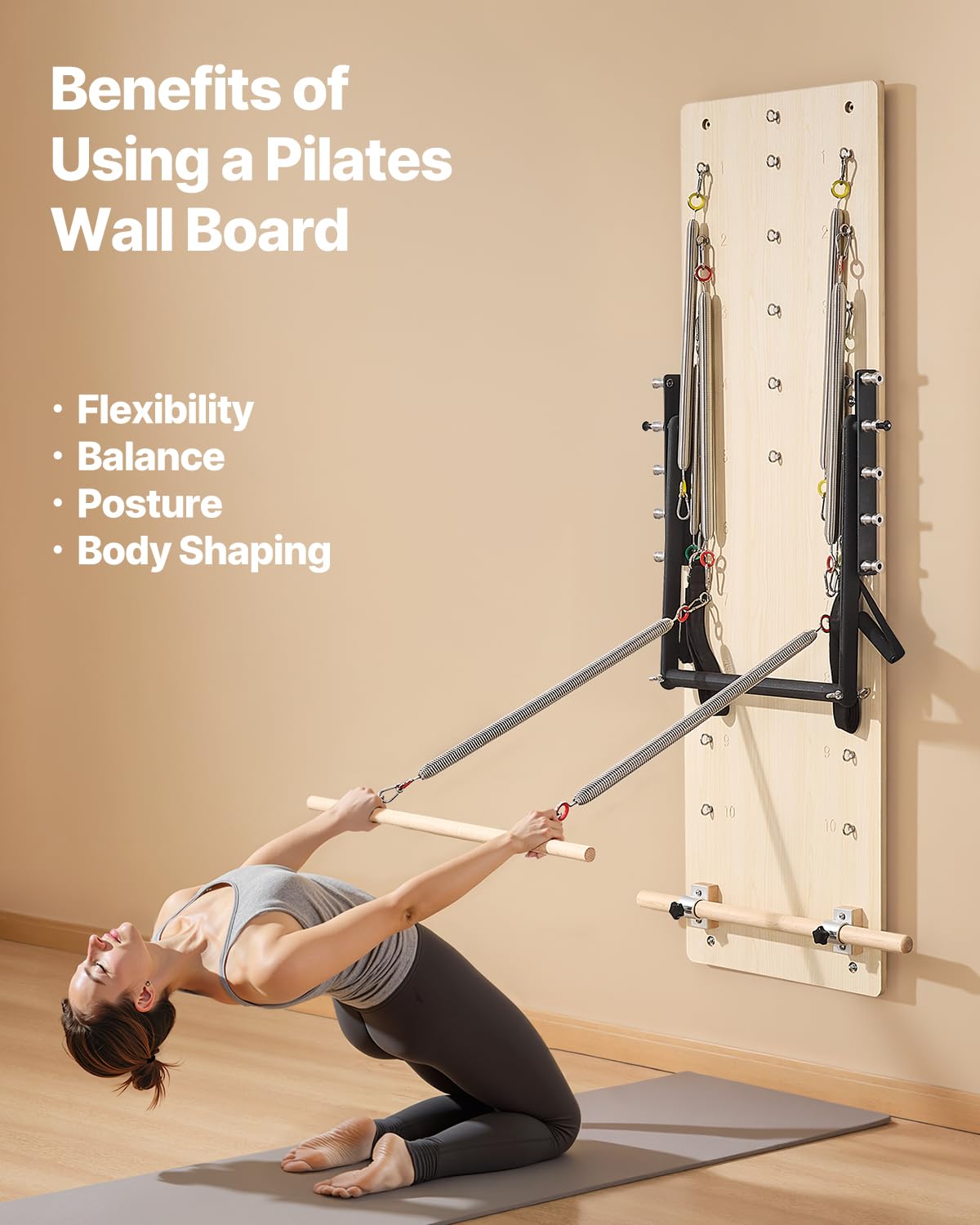 VEVOR Appareil de Pilates Reformer Mural, Planche à Ressorts de Pilates en Bois d'Érable, Équipement d'exercice avec Ressorts de Résistance, Entraîneur de Yoga Flexibilité et Équilibre, Gym Domicile