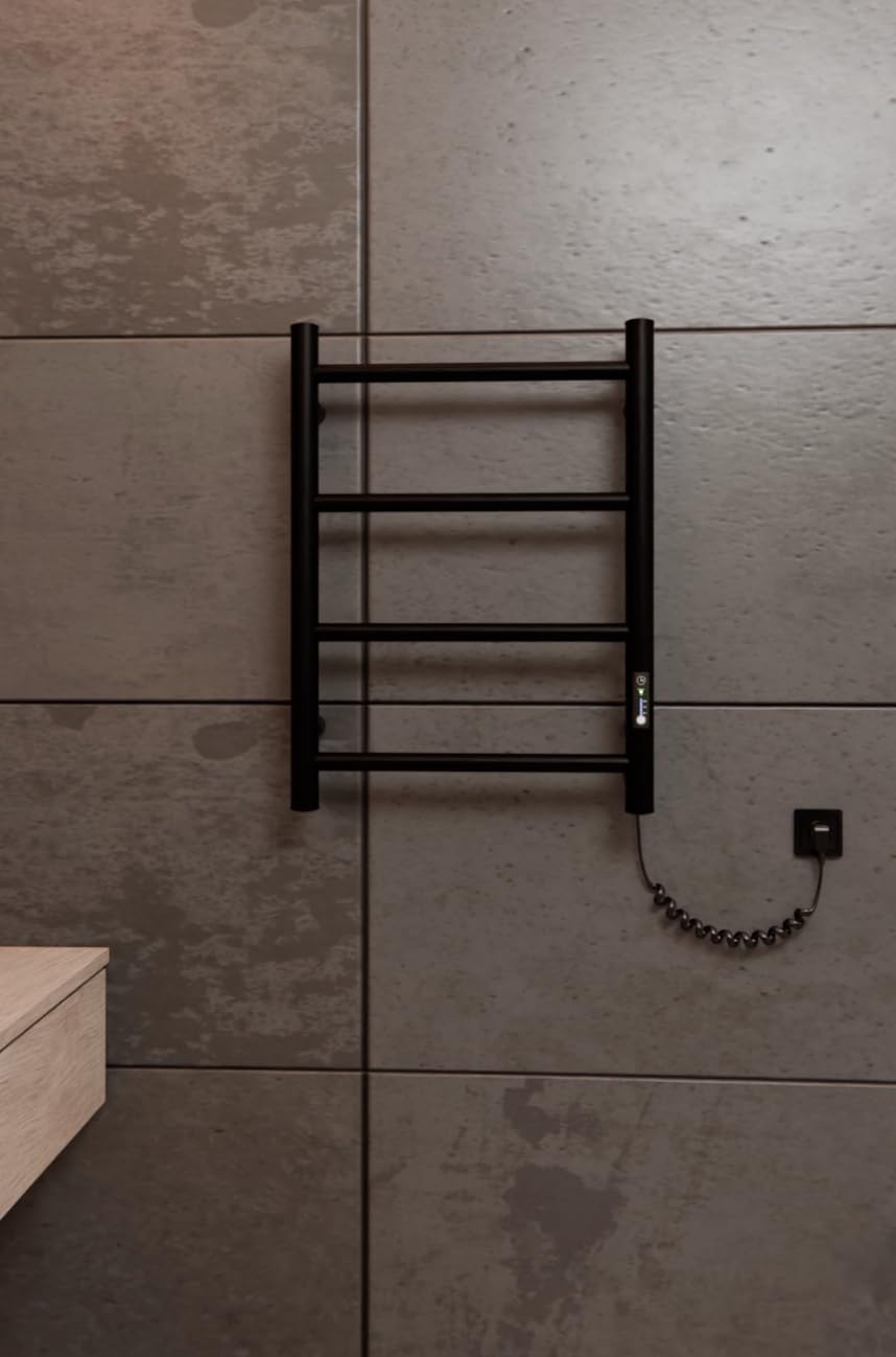 Elegancki czarny elektryczny grzejnik na ręczniki 510 x 400 mm – 45 W – termostat i timer – IP44 – do designerskich łazienek i hoteli