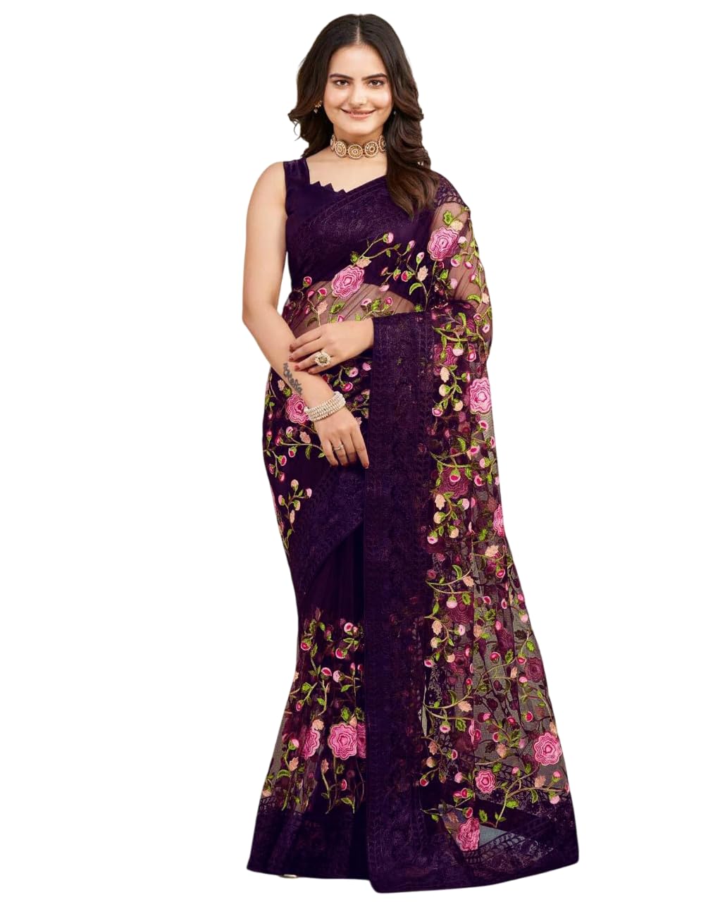 Womens Graceful Embroidery Net Saree With Mono Banglory Blouse-image-25