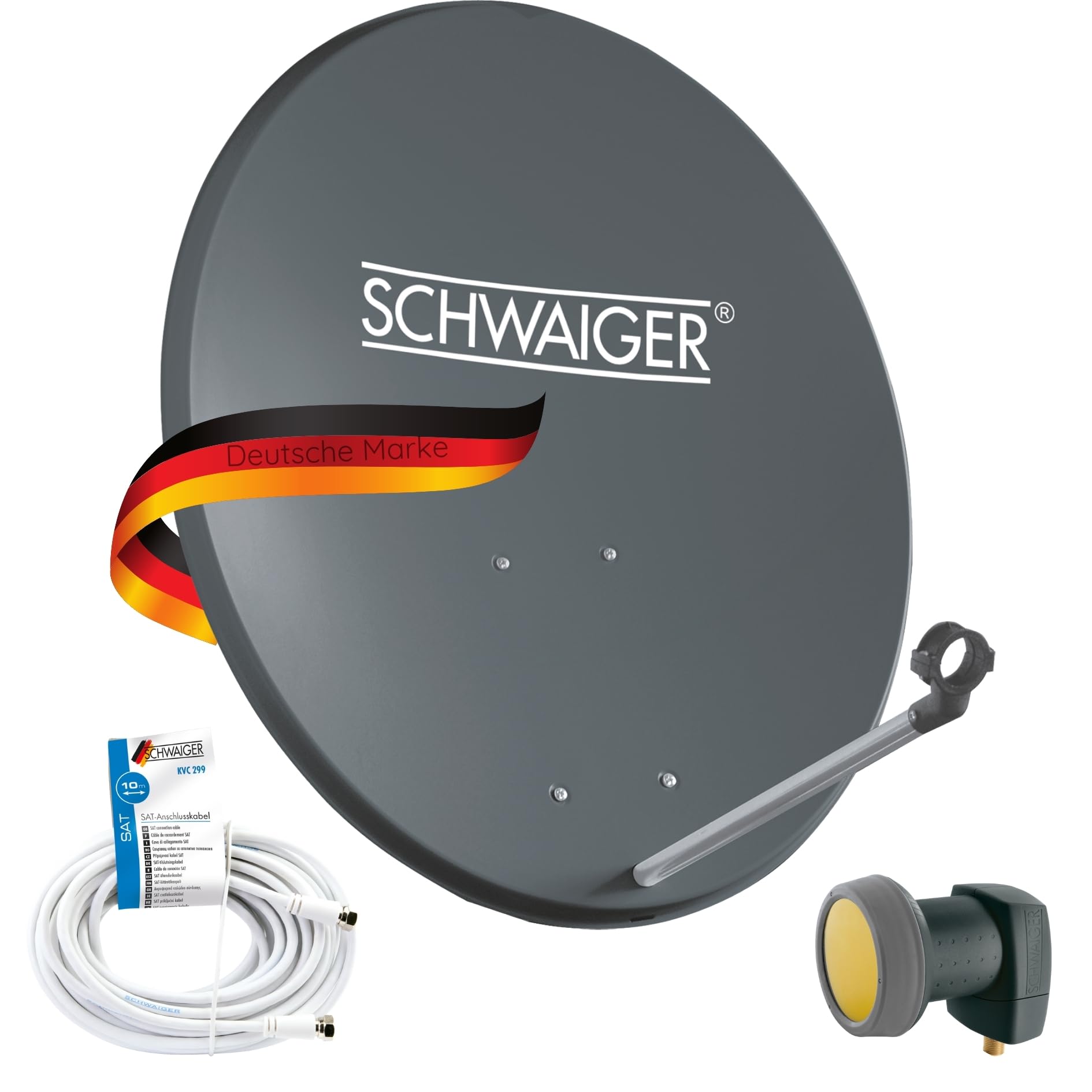 SCHWAIGER Juego completo de antena parabólica, diámetro de 60 cm, antena offset de acero en antracita, incluye LNB único protegido del sol, recepción digital HD, gestión de cables integrada y