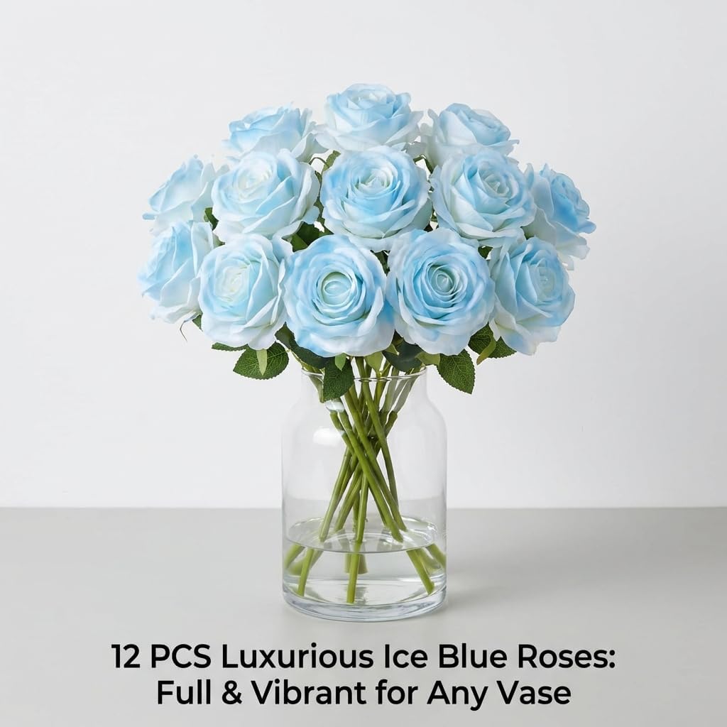 Ice Blue Artificial Roses Fake Flowers Not Bend The Peduncle with Stems for DIY Wedding Bouquets Bridal Shower Centerpieces Arrangements Tables Decorations 12pcs - Image 6