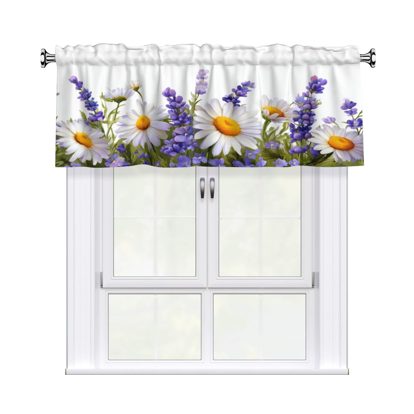 Woshuwo Spring Daisy Flowers Lavenders Valances For Windows Rod Pocket Window Treatment Short Curtains For Kitchen Living Room Bedroom Decor 54x18in