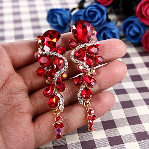 Brilove Wedding Bridal Clip On Earrings For Women Bohemian Boho Crystal Multiple Teardrop Chandelier Dangle Earrings Ruby Color Gold-Toned #TOP3