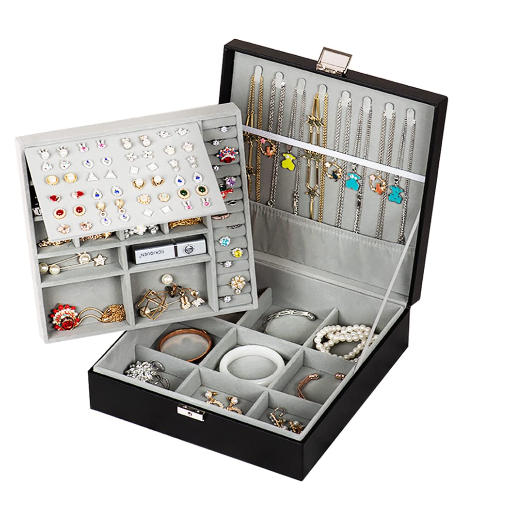 TokokimoTokokimo Jewellery Boxes for Women Girls, Two Layer PU Leather Jewelry Organizer Storage Case for Earrings Necklaces Bracelets Rings Watches Black