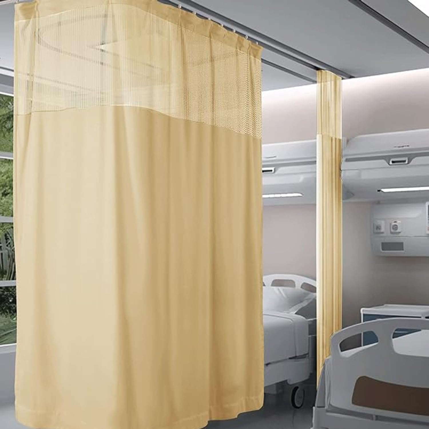 Riqhtik Beige Medical Privacy Screen Room Divider Curtain With Flat Hooks, Hospital Curtain Hanging Medical Privacy Room Divider Cubicle Curtains Semi Sheer Curtains For Hospital,,8.2W×8.8L Ft