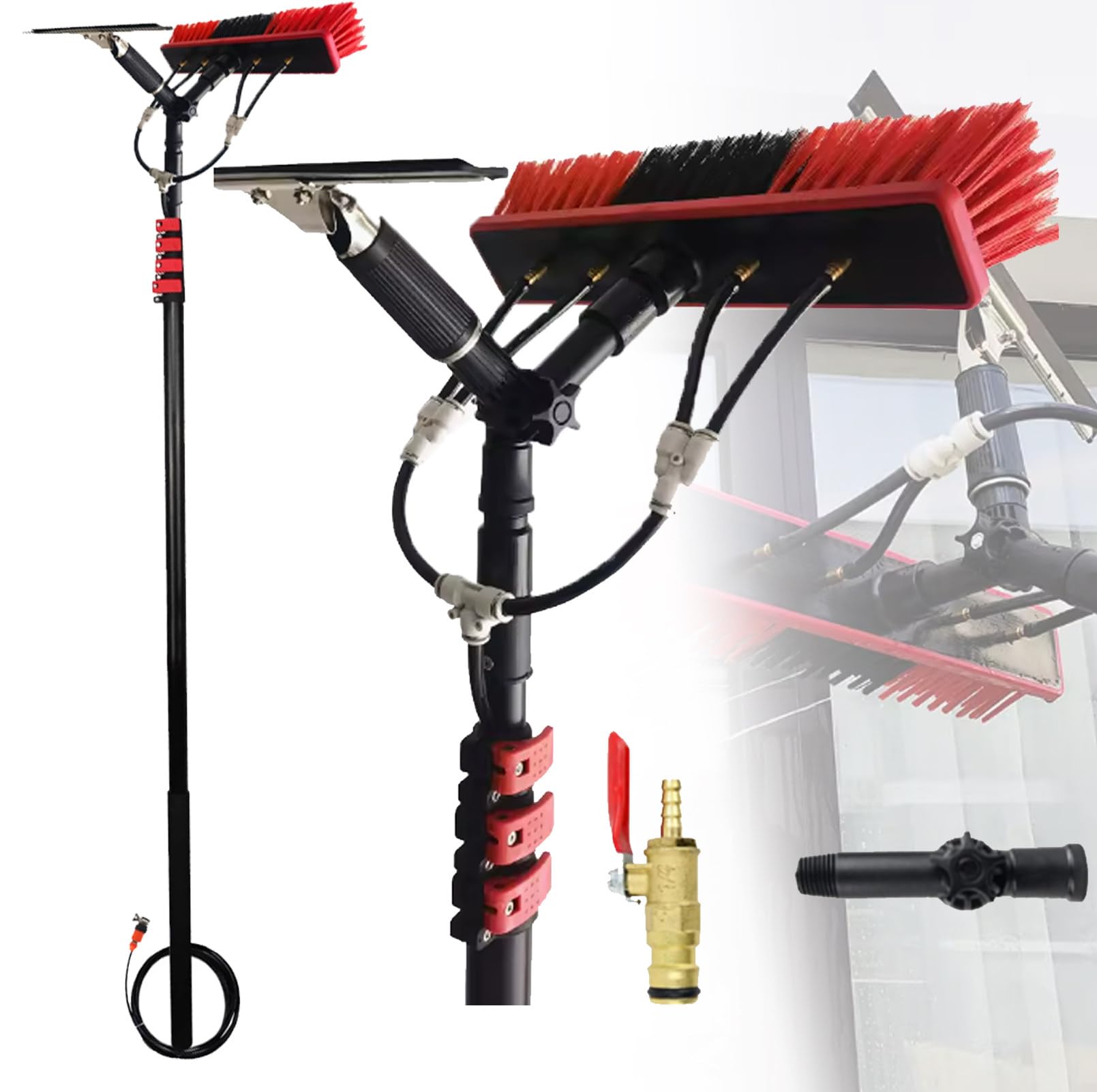 OLSKFUH Telescopic Window Cleaner Kit 12Ft Extendable Water Fed Pole With Brush & Rubber Scraper Perfect For Cleaning Solar Panels & Glass 3.6M Long,size_name-5.4M/18FT