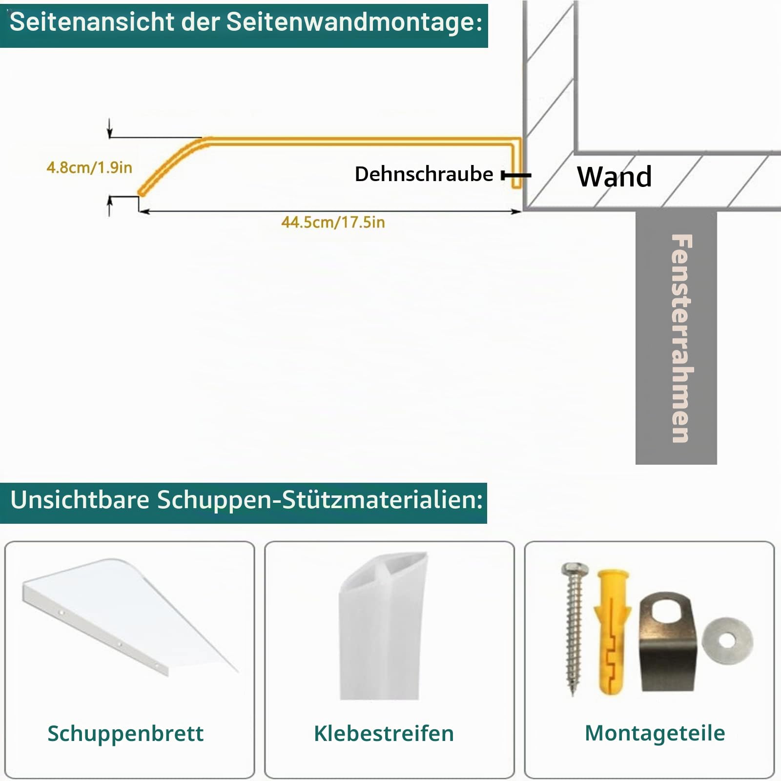 Polycarbonat-Vordach für Haustür,Transparentes Pultbogenvordach,Türvordach,UV-Beständiger Überdachung Haustür,3,5mm Dick Pultvordach,für Garage Balkon Fenster Haus (50x120cm/19.6"x47")