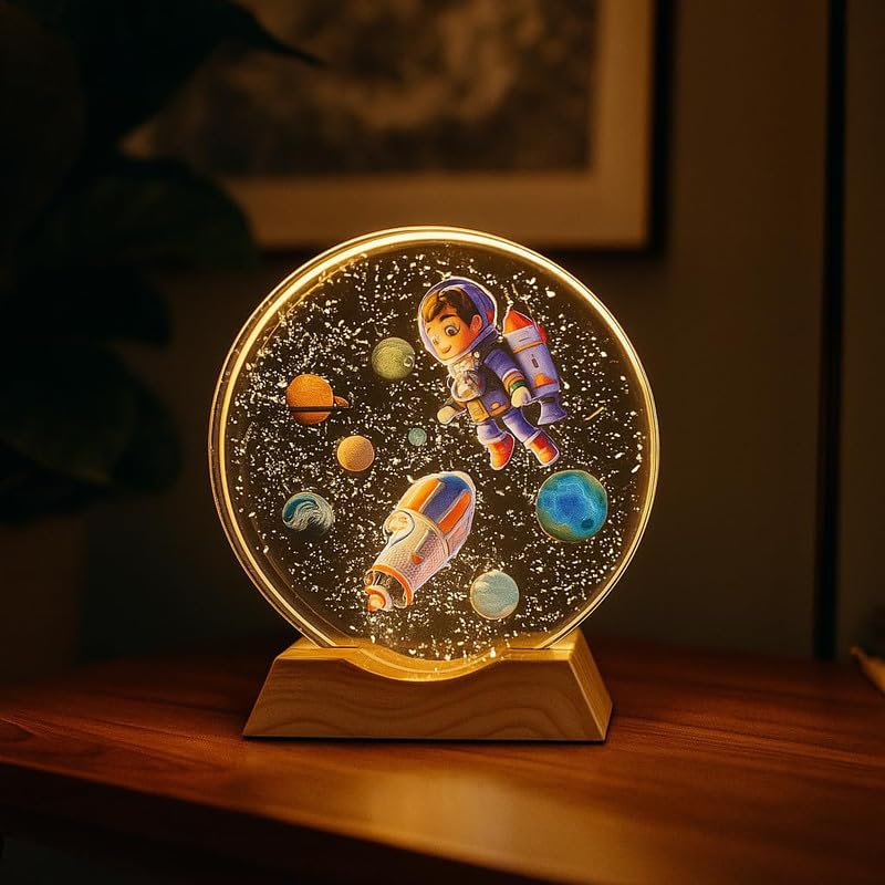 Image of 3D Astronaut Boy Crystal Ball Night Lamp with Wooden Base | USB LED Table Light for Kids Room, Bedroom & Home Decor | Space Theme Bedside Lamp & Gift for Boys & Girls