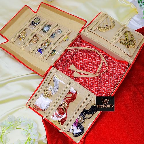 Image of Trendifly silk Lucknowi Jewellery Organiser Box for women Necklace organizer pouches Travel Makeup Cosmetic Earrings Jewelry Storage box for Bridal Gifting (Red)