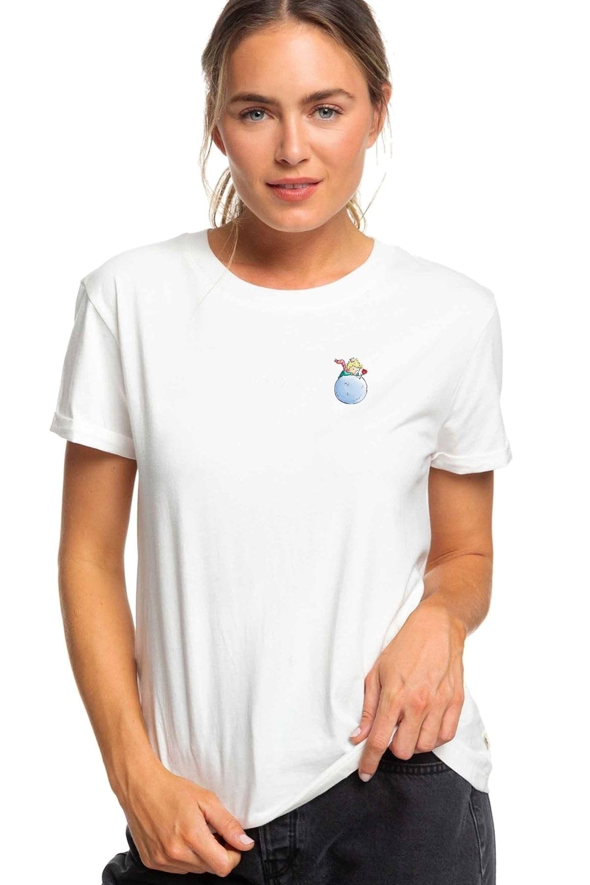 Qivi Küçük Prens Little Rose Gül Prince Baskılı Beyaz Kadın Örme Tshirt