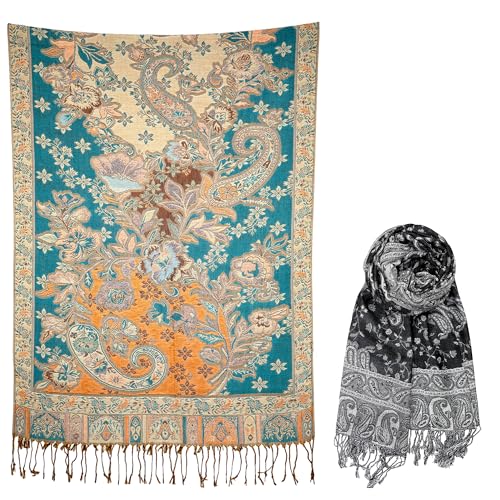 Achillea 2 Pack Black White Reversible Pashmina and Teal Dark Amber Floral Shawl Bundle - Main Image