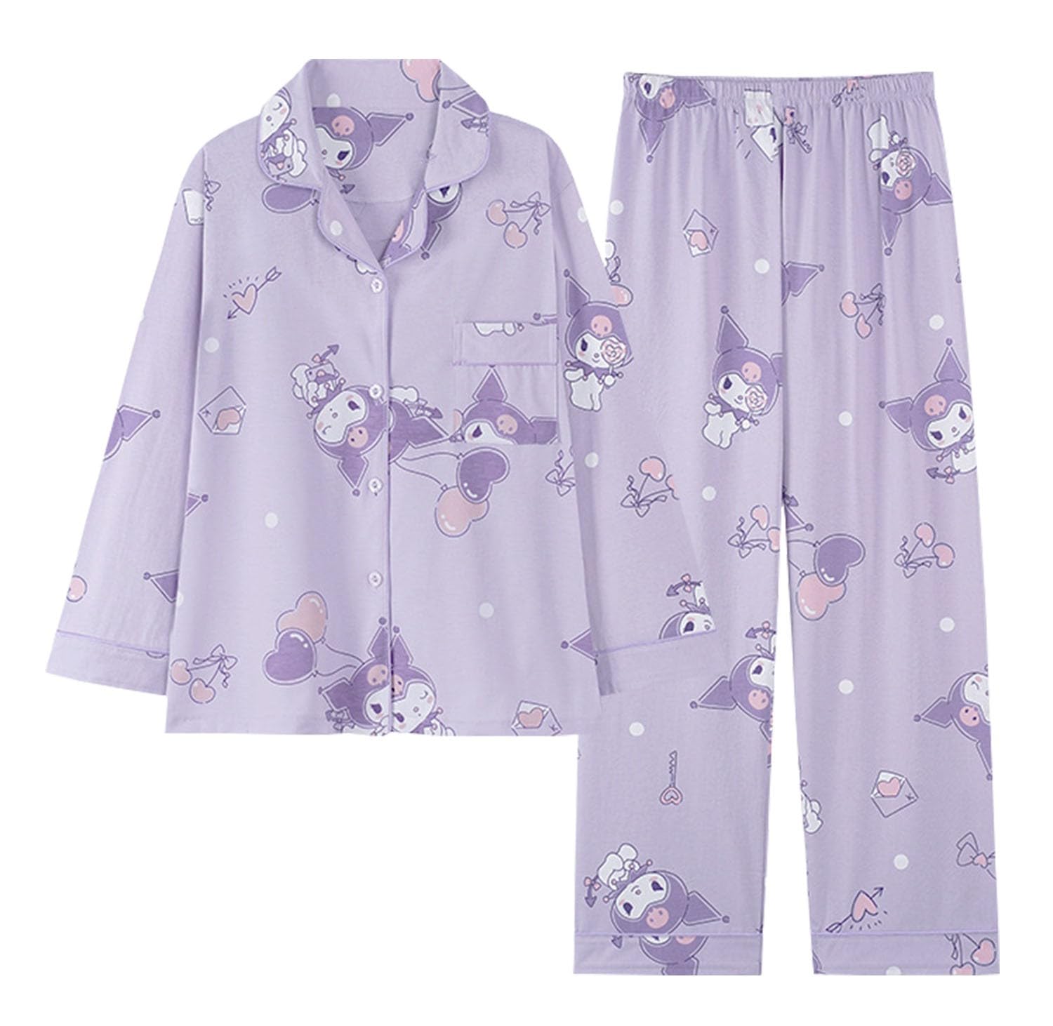 Kawaii Cartoon Pijama Mujer Niña Camiseta de Manga Larga y Pantalón Largo Conjunto 2 Piezas Ropa de Domir para Primavera Verano Morado/1 M